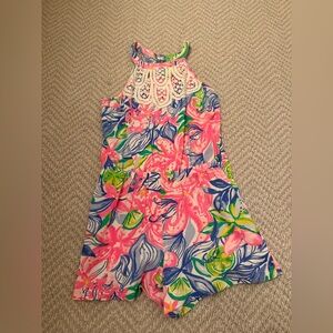Lilly Pulitzer Girls Floral Halter Romper in Pink & Blue- size XL 12-14